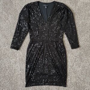 WHBM Black Sequin Long Sleeve V-Neck Draped Cocktail Wedding Guest Dress 10